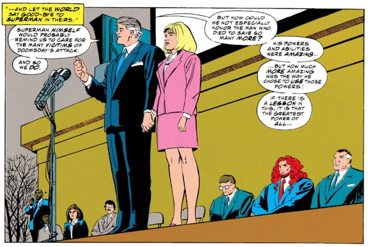 President Clinton at Superman’s funeral in Superman: The Man of Steel #20 