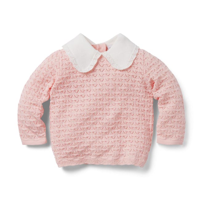 Baby Pointelle Collared Sweater - Strawberry Cream