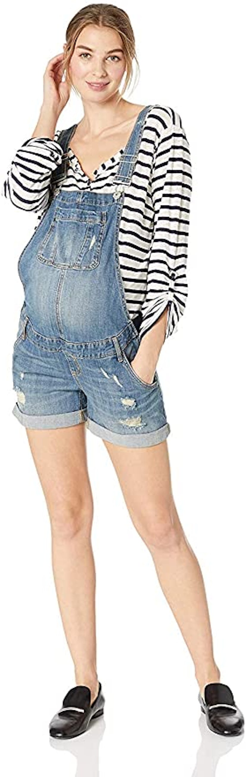 Motherhood Maternity womens Indigo Blue Destructed Side Panel Denim Shortall