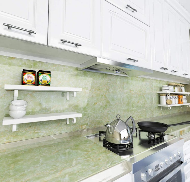 Stick and Peel Marble Vinyl for Kitchen Countertops is a home decor dupe for green kitchens inspired...