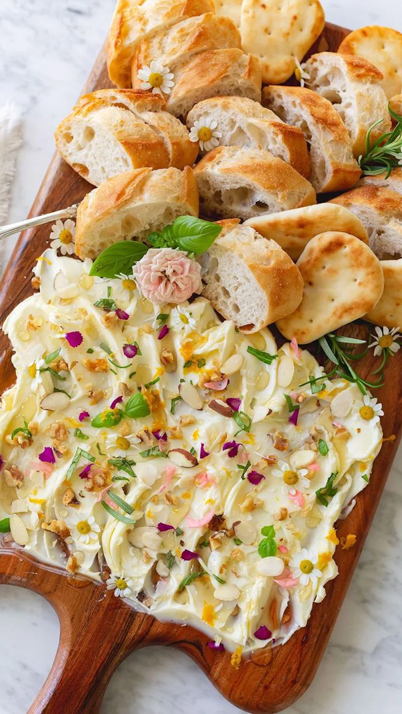 A wooden board is covered with butter and warm bread, and garnished