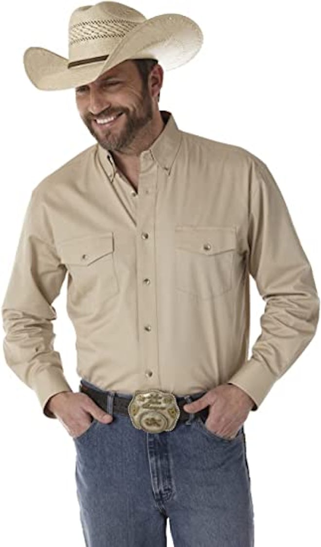 The base for any good Yellowstone costume is a Western button-down shirt, like this beige-colored on...