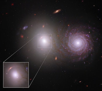 image of two galaxies, with several more in the background, and an inset highlighting the warped gra...