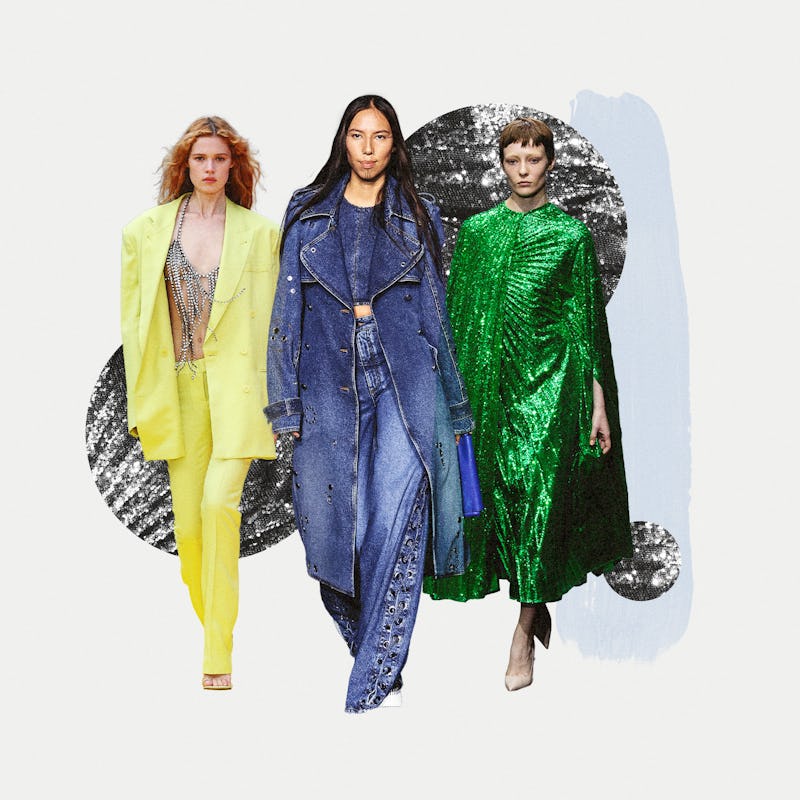 A model in a yellow suit, a model in a denim suit, and a model in a green dress at the Paris Fashion...