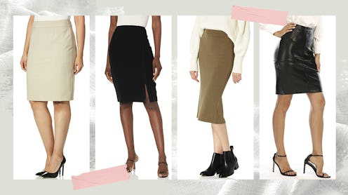 The best pencil skirts — like the four skirts shown in this image atop a gray background — come in a...