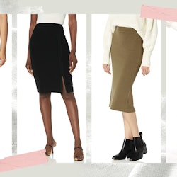 The best pencil skirts — like the four skirts shown in this image atop a gray background — come in a...