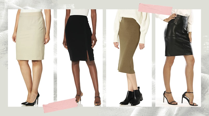 The best pencil skirts — like the four skirts shown in this image atop a gray background — come in a...