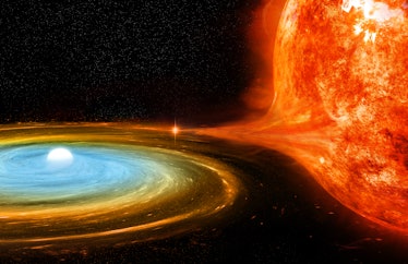 illustration of a white dwarf star surrounded by a swirling disk of material drawn from a larger, Su...