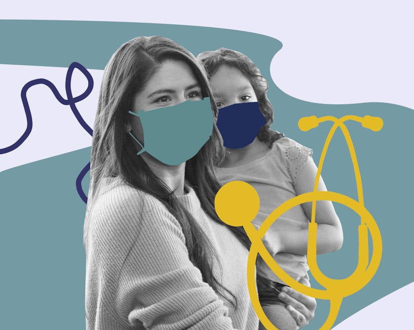 Mother and daughter with drawn on face masks