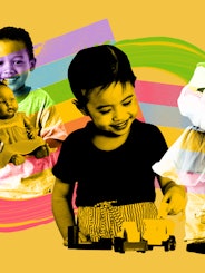 Collage of three little boys playing and an LGBT flag