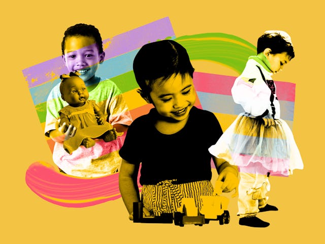 Collage of three little boys playing and an LGBT flag