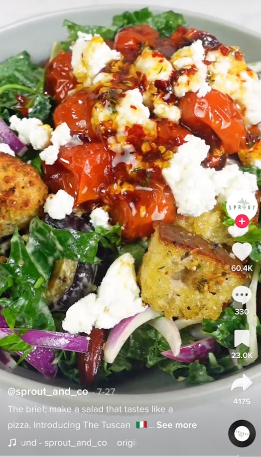A TikToker shows how to make pizza salad from TikTok at home. 