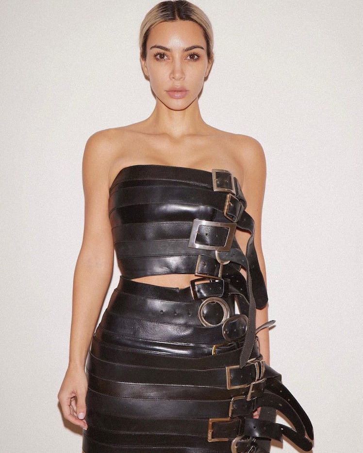 Kim Kardashian wearing a Balenciaga dress made of belts