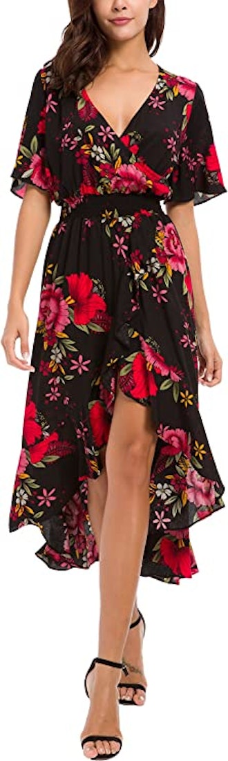 Kormei Short Sleeve Flowy Floral V-Neck Maxi Dress