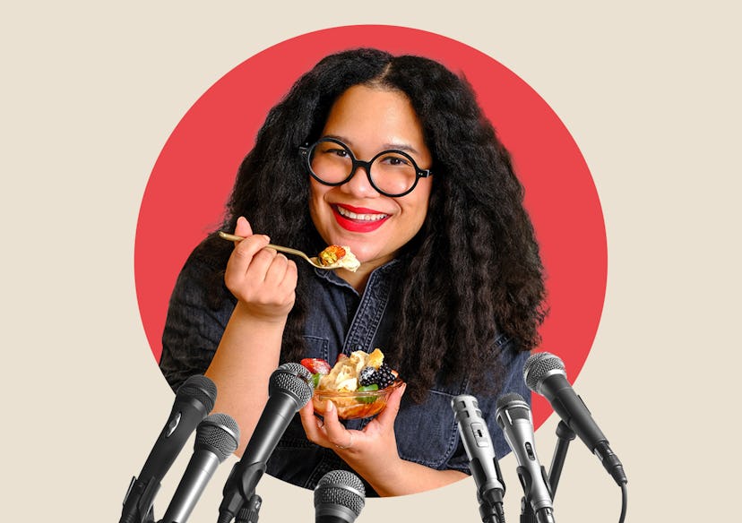 Chef Paola Velez eating a desert in front of microphones