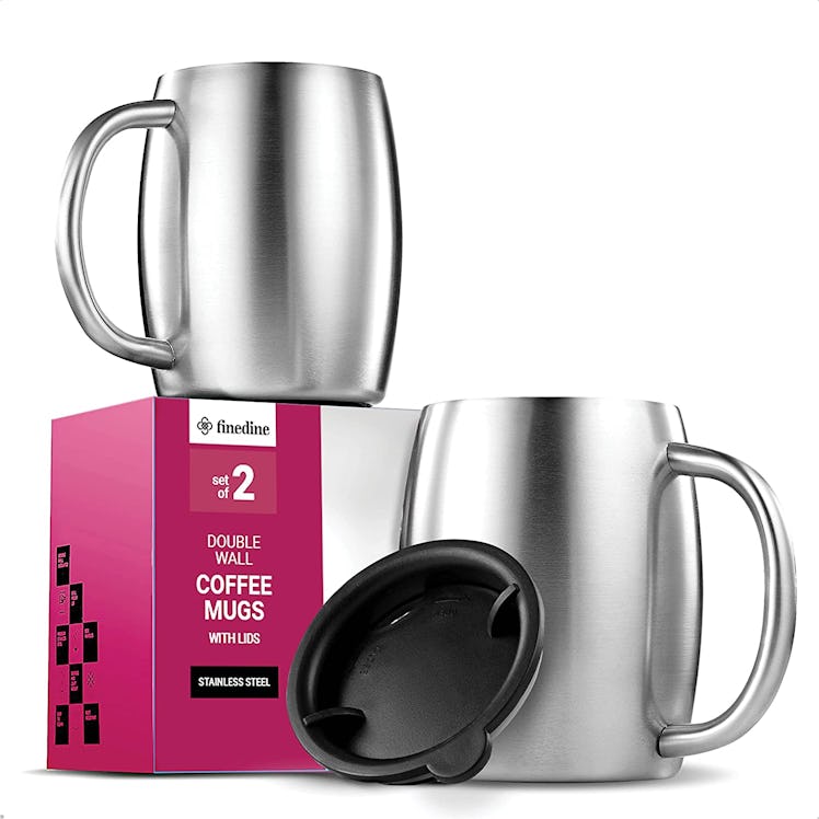 FineDine Insulated Stainless Steel Coffee Mug with Lid and Handle (2 Pk)