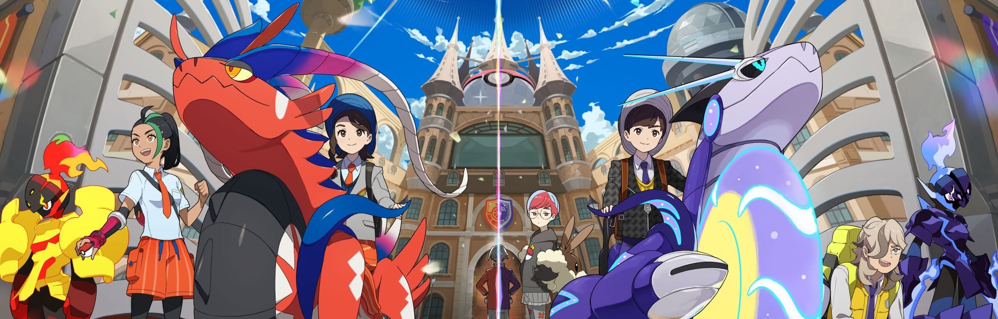 Pokemon Scarlet and Violet protagonists posed with cast and legendaries