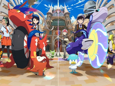 Pokemon Scarlet and Violet protagonists posed with cast and legendaries