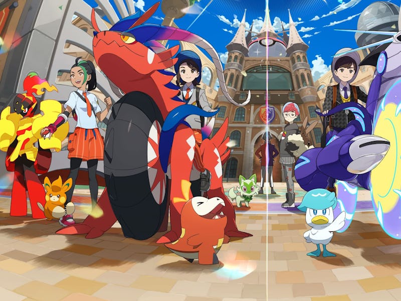 Pokemon Scarlet and Violet protagonists posed with cast and legendaries