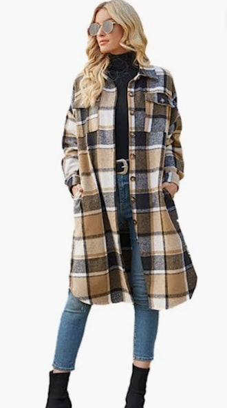 PUWEI Lapel Button Down Long Plaid Shirt Jacket