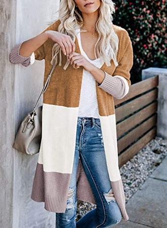 CARDYDONY Open Front Color Block Cardigan