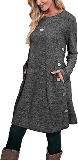 OFEEFAN Long Sleeve Dress with Pockets