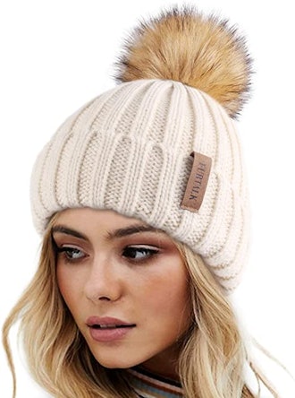 FURTALK Knitted Beanie with Faux Fur Pom 