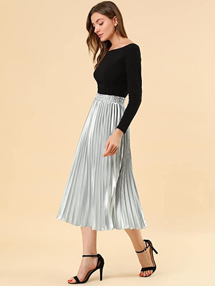 Allegra K Metallic Pleated Midi Skirt