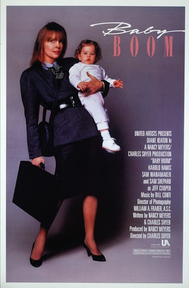 movie poster featuring Diane Keaton in 'Baby Boom' holding baby Elizabeth and a briefcase, iconic 