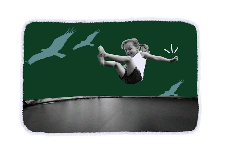 Kid jumping on trampoline with birds drawn in the green background