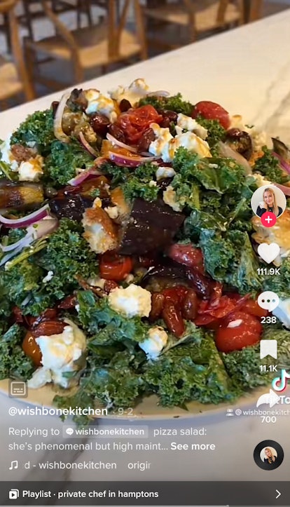 A TikToker shows how to make pizza salad from TikTok at home. 