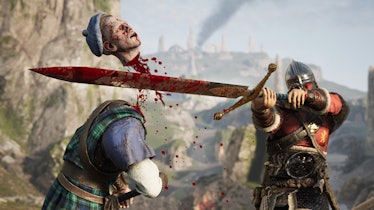 A screenshot from the video game 'Chivalry 2' and the beheading of the opponent