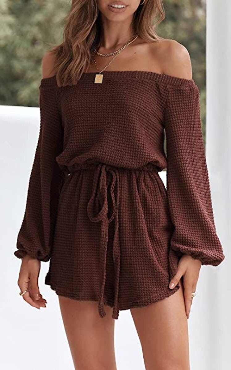 PRETTYGARDEN Off Shoulder Waffle Knit Romper