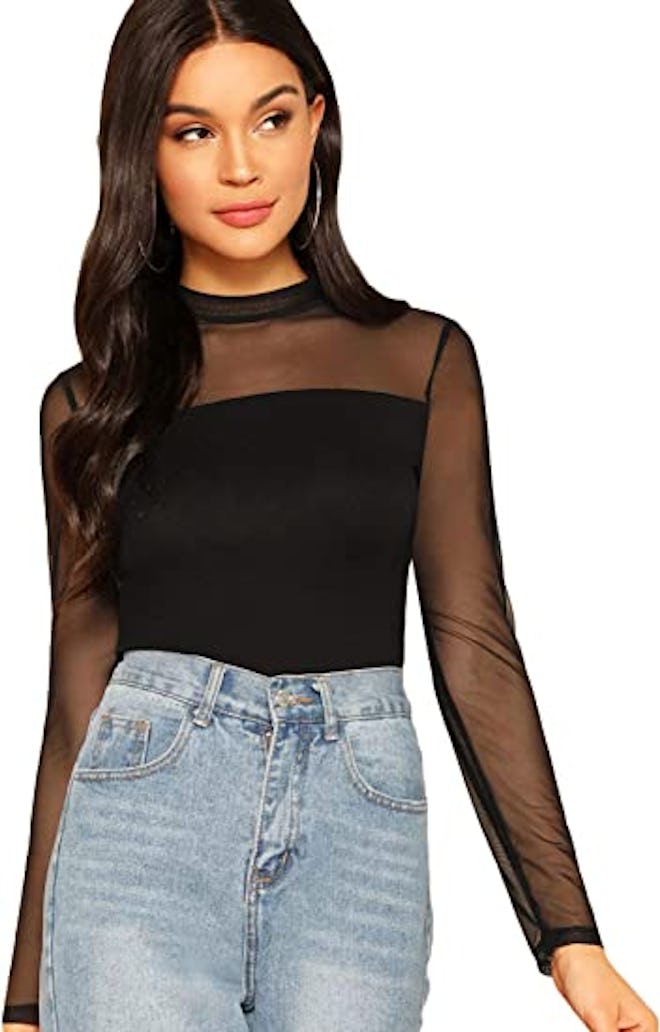 SweatyRocks Mock Neck Long Sleeve Mesh Blouse