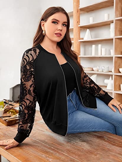 Floerns Lace Long Sleeve Baseball Jacket