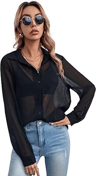 Floerns Button Front Long Sleeve Mesh Shirt 