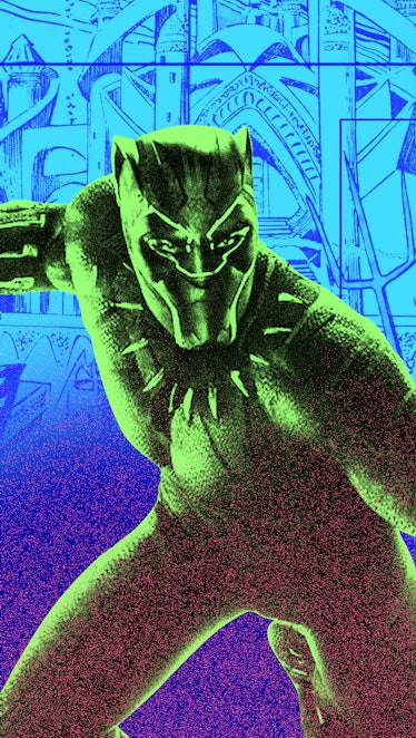 Black Panther in green standing in an attacking stance 