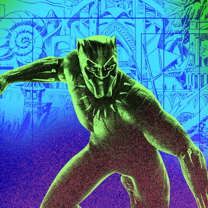 Black Panther in green standing in an attacking stance 