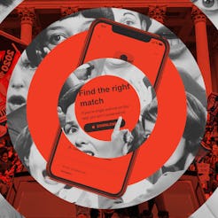 Red circles showcasing a dating app on a phone intercut by black and white circles showing people sc...