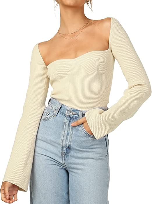 Effeltch Sweetheart Neck Ribbed Knit Long Sleeve