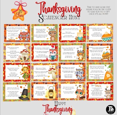 Thanksgiving Scavenger Hunt Clue Cards for Kids