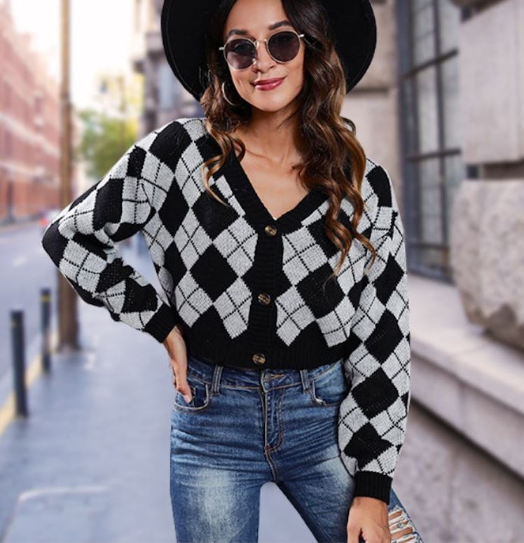 PEHMEA Button Up Plaid Cropped Cardigan