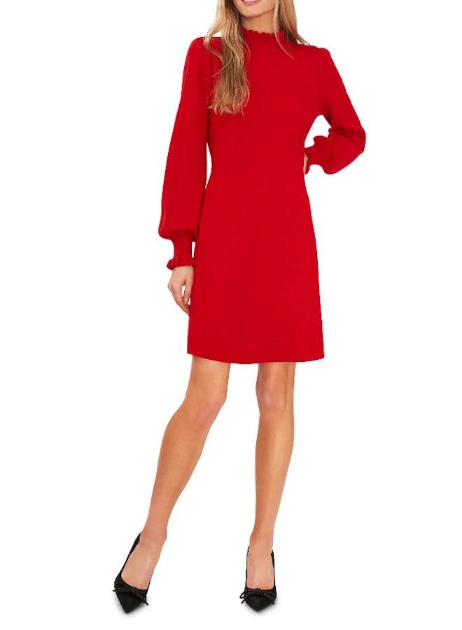 Cece Mock Neck Long Sleeve Fit & Flare Sweater Dress for glam holiday party outfit