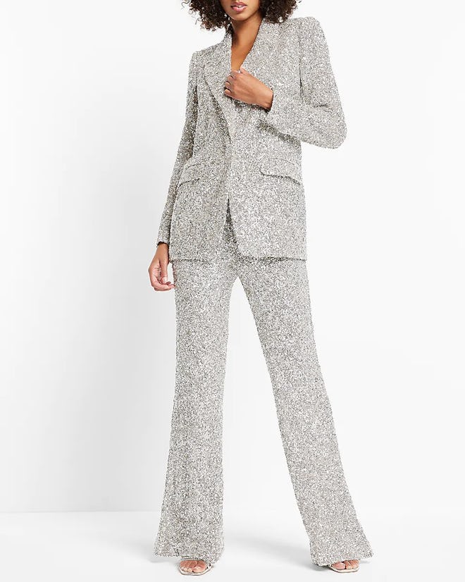 express Sequin Peak Lapel Boyfriend Blazer and pants for glam holiday party outfit idea 