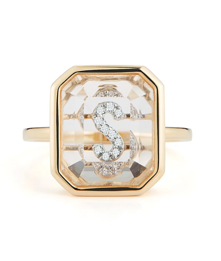 14K Gold Frame Crystal Quartz Diamond Initial Ring