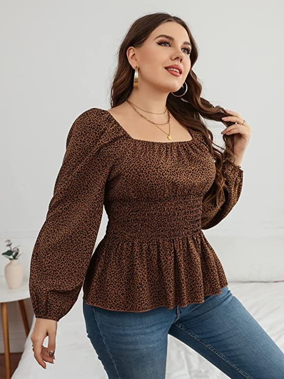 MakeMeChic Lantern Sleeve Square Neck Peplum Blouse