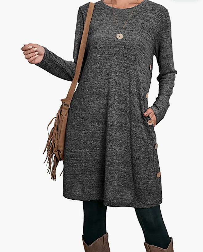 OFEEFAN Button Side Long Sleeve Dress