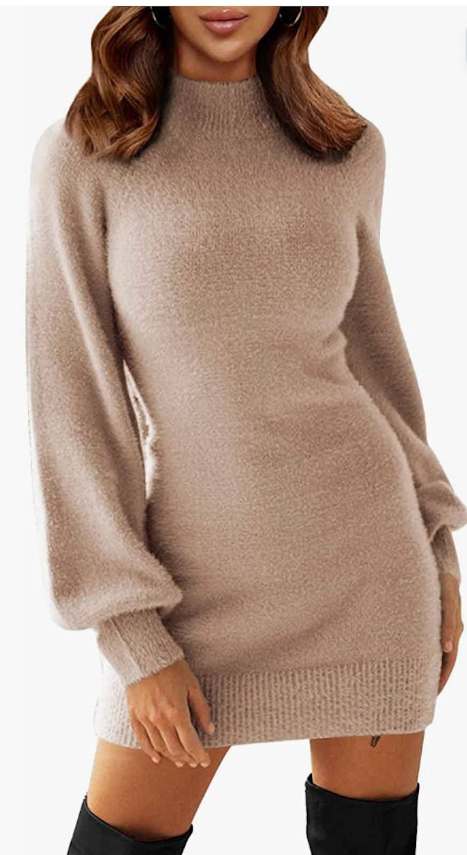 EXLURA Mock Neck Ribbed Sweater Dress