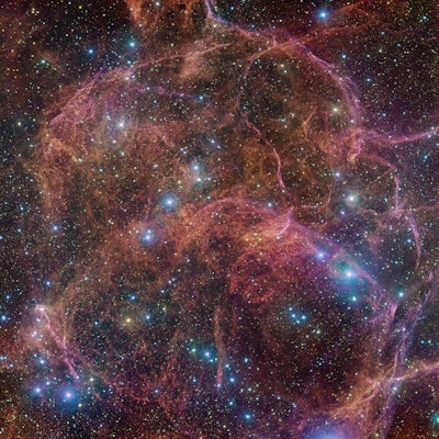 Portrait of the Vela supernova remnant, categorized by long streaking tendrils of dust and bright st...