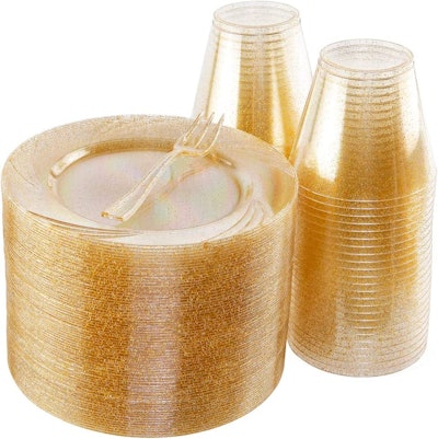 BUCLA 100-Piece Gold Glitter Set: 6.5-Inch Plates, Forks, and Cups